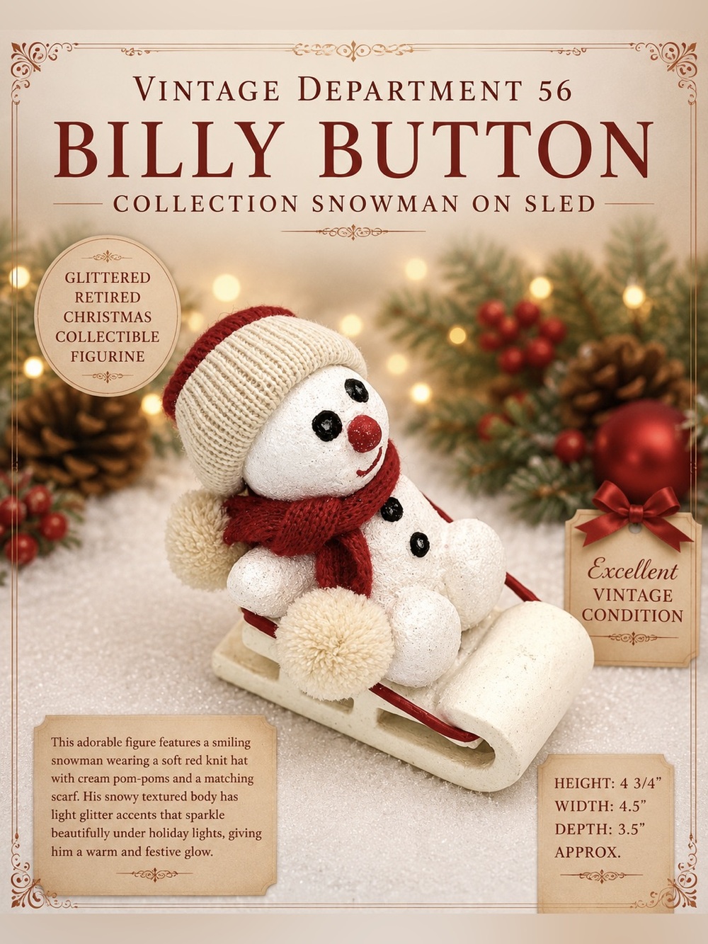 Department 56 Billy Button Snowman on Sled Retired Glittered Figurine